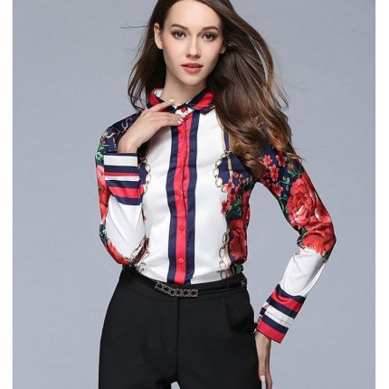 Women Long Sleeve Floral Star Printed Blouse - MaviGadget