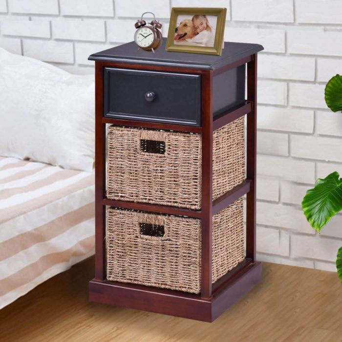 3 Tiers Wooden Nightstand with 1 Drawer 2 Baskets - MaviGadget