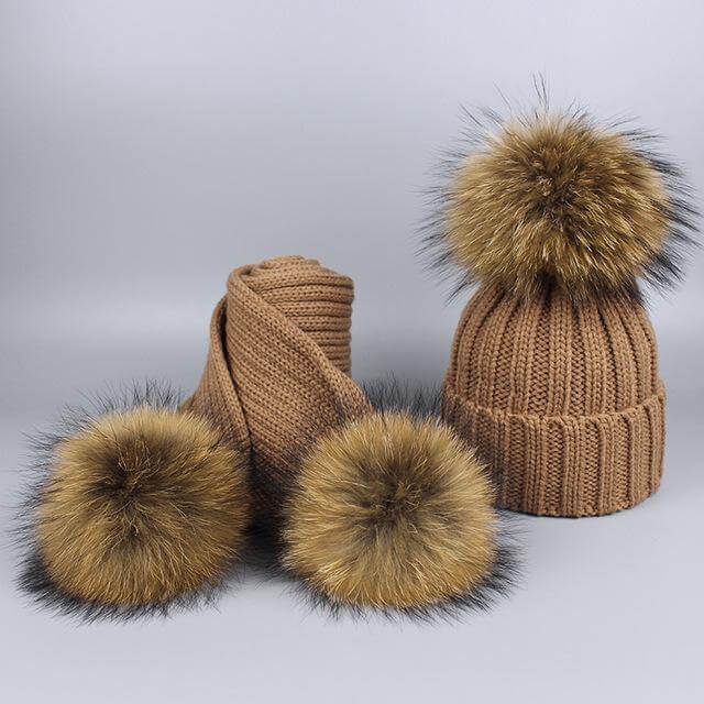 Pom Pom Beanie Warm Knitted Bobble Fur Pompom Hat and Scarf Set - MaviGadget