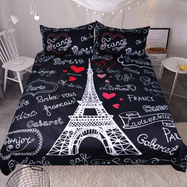 France Paris Tower Black Comfortable Duvet Cover Bedding Set - MaviGadget