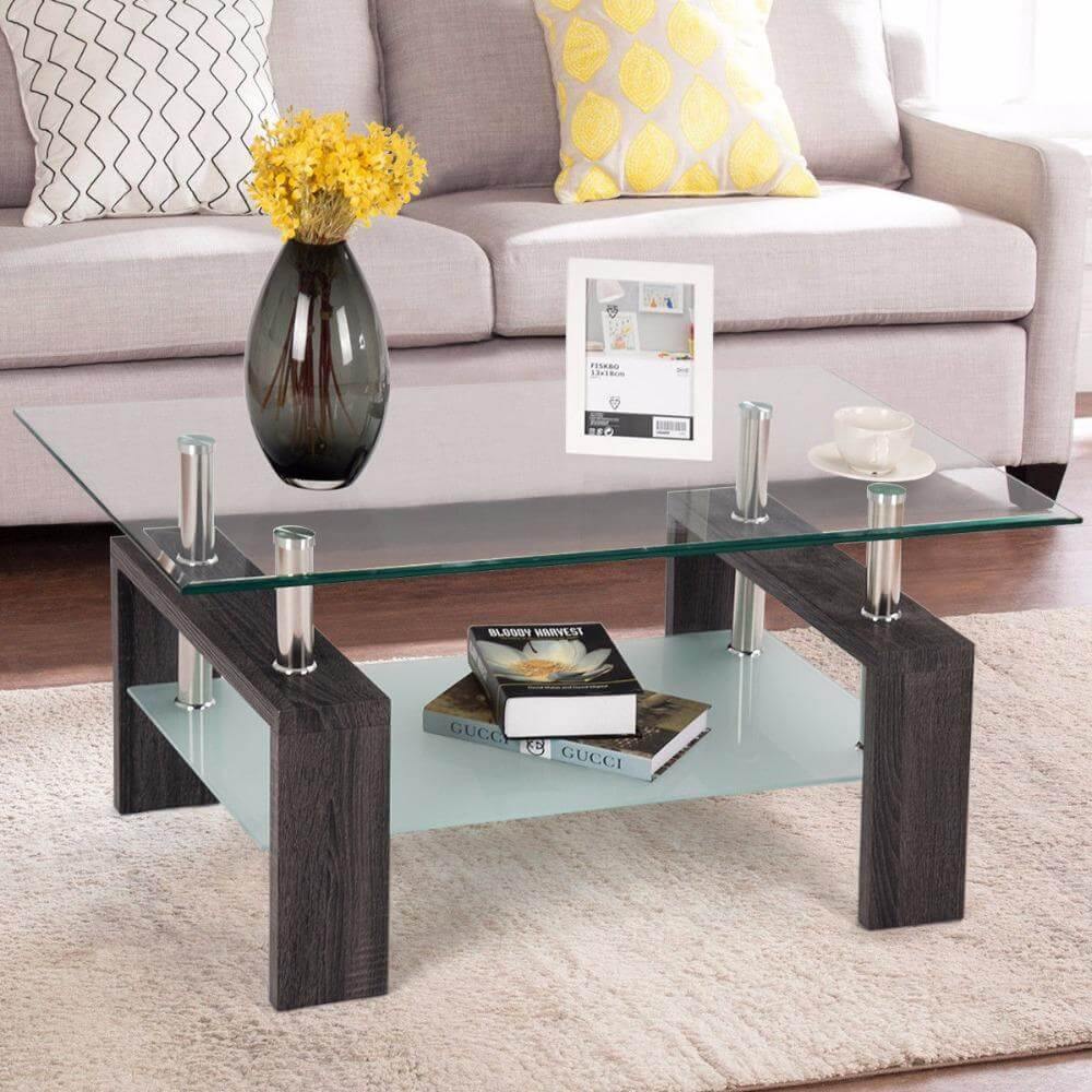 Rectangular Tempered Glass Coffee Table with Storage - MaviGadget