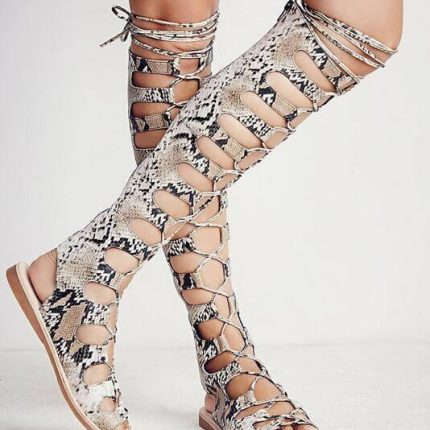 Snake Leather Strappy Cut-out Gladiator Boots - MaviGadget